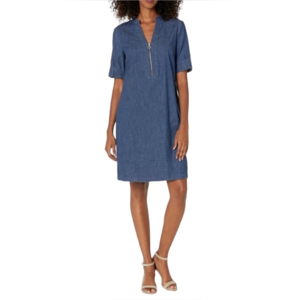 Anne Klein Casual Denim Midi Dress with Gold Zipper Accent. Size: 14
